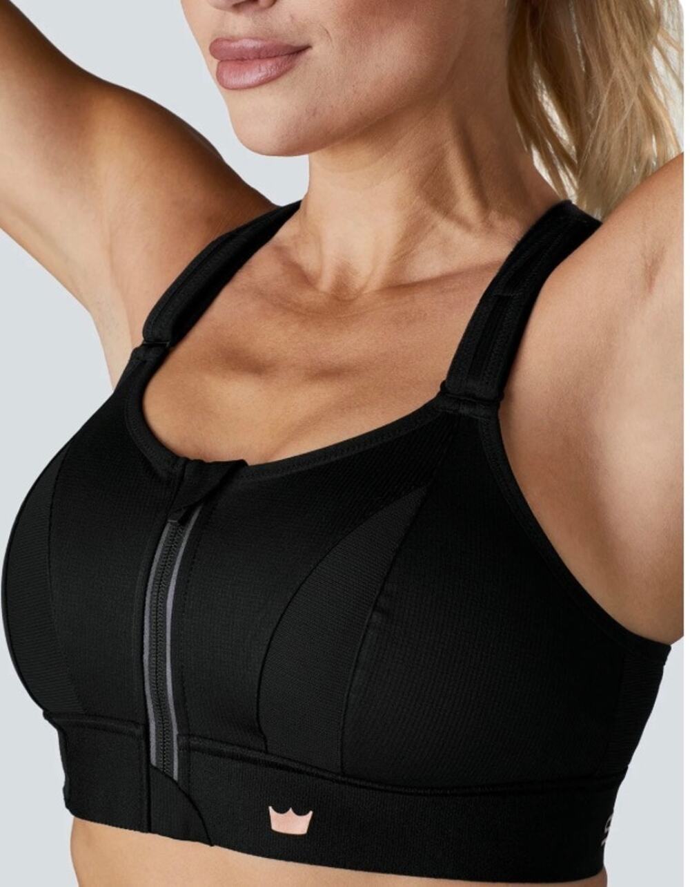 Shefit Women's High Impact Sports Bra Size 4 Luxe Black Front Zip Support Gym